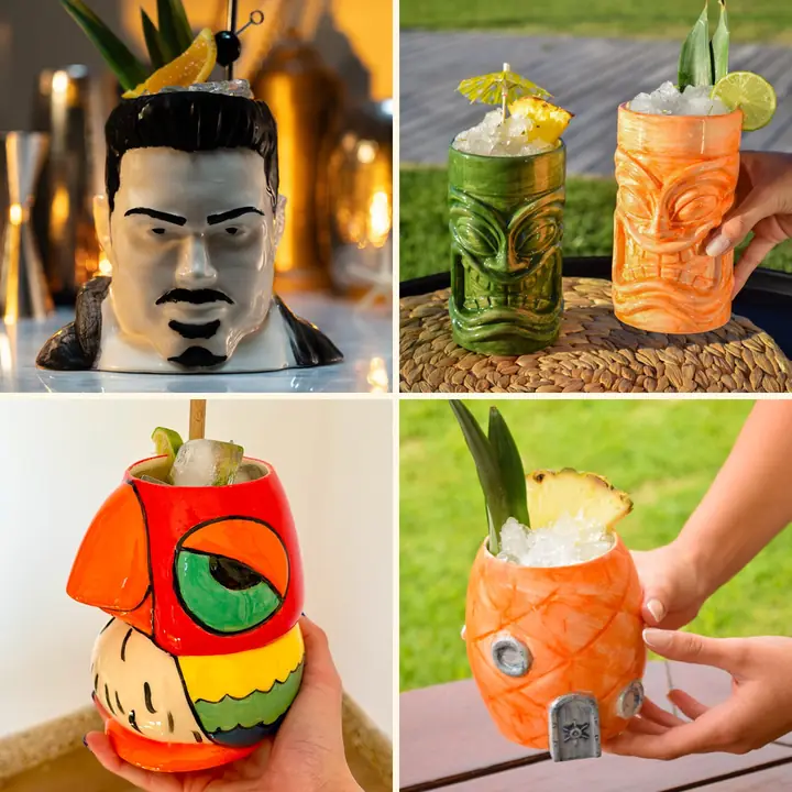 Cuatro vasos tiki Sikana con tragos servidos: Fortísimo, Luau, Lorito y Casa Esponja